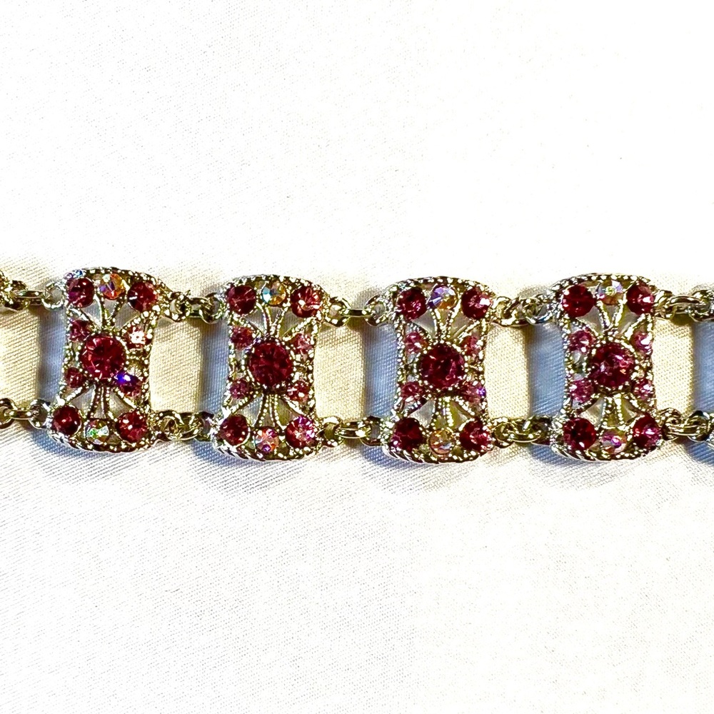 Pink Stone Vintage Silver Tone Multi-Row Rhinestone Bracelet Adjustable Chain